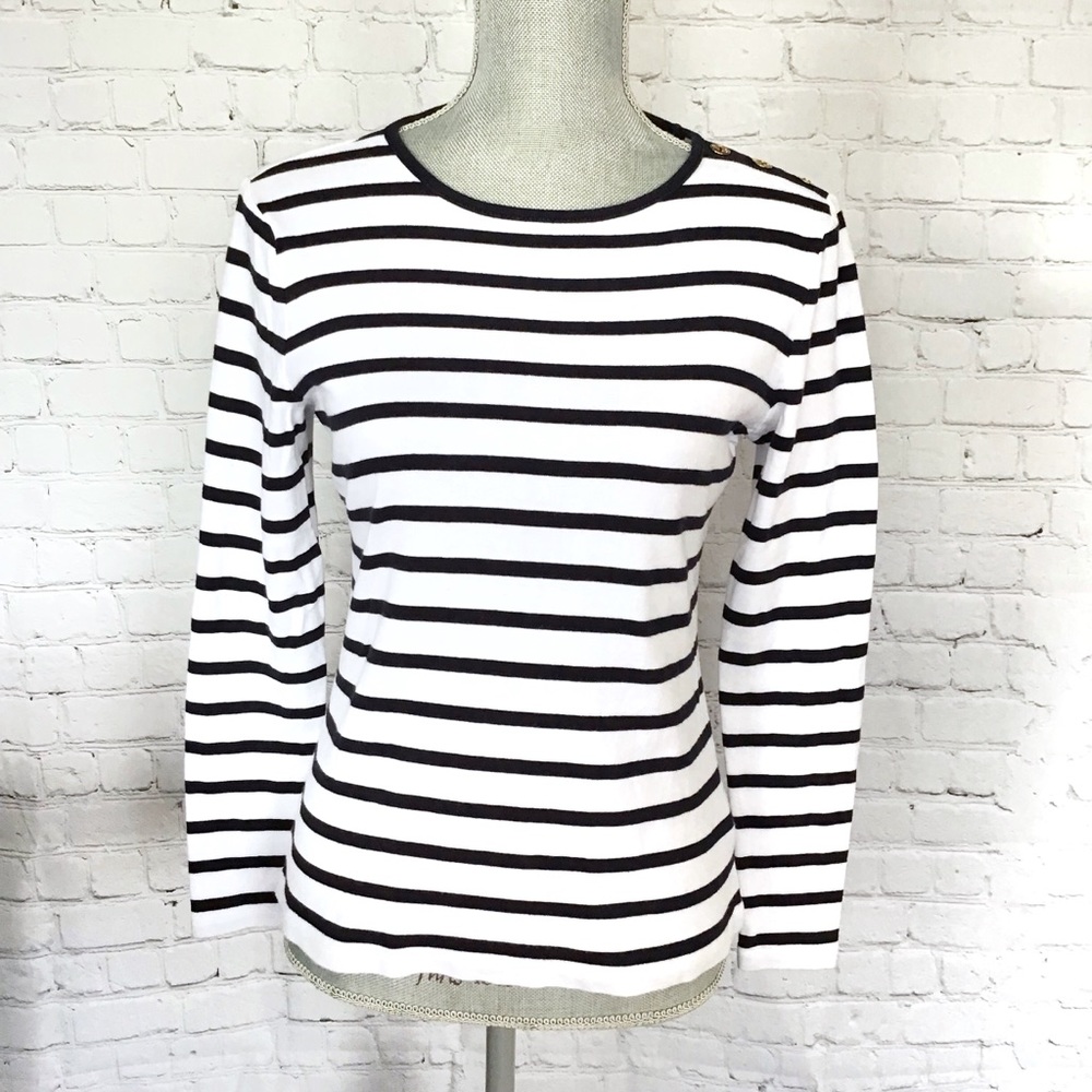 LAUREN RALPH LAUREN Nautical Striped Cotton Long Sleeve Top Button Shoulder - Picture 3 of 12